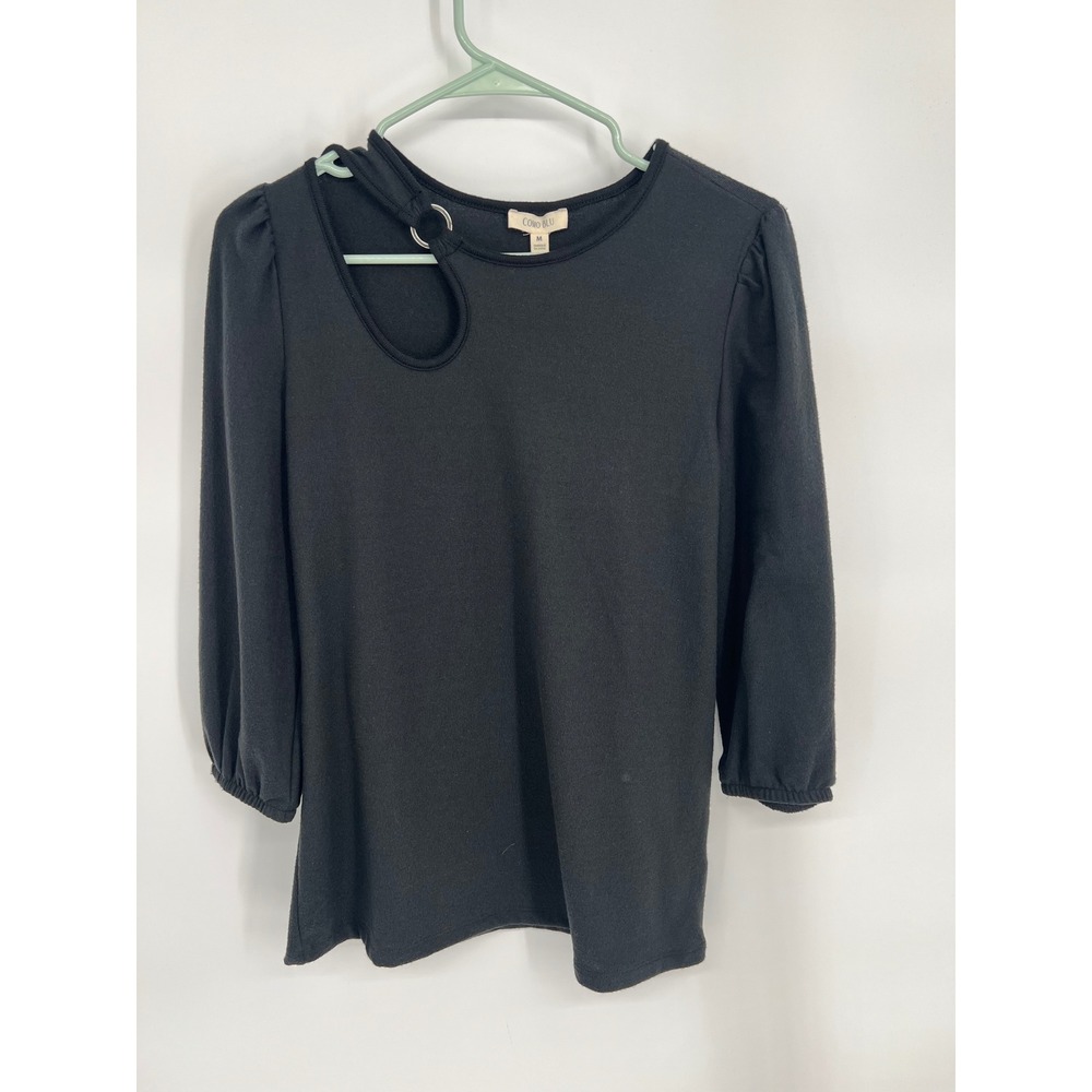 Como Blu Womens Black Cutout Ring Neckline Puff 3/4 Sleeve Ribbed Knit Top M - Picture 2 of 10